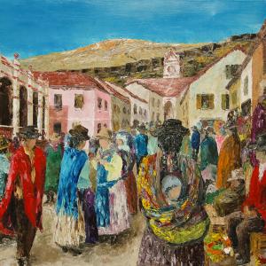 Place du marché en Bolivie. Huile sur toile, 65 x 80 cm, 2013. Ce tableau est disponible à la vente